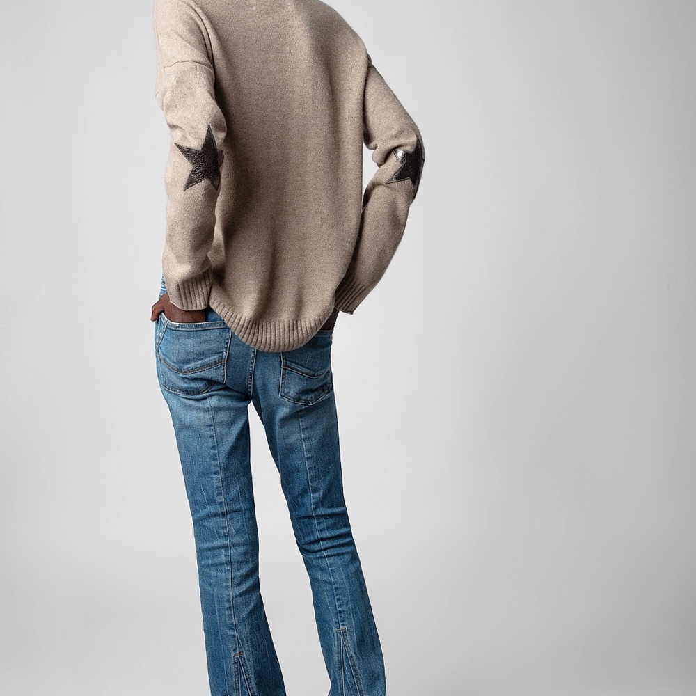 NWT! ZADIG & VOLTAIRE 100% Cashmere Cici Star Patch Ficelle (Taupe) Sweater - M